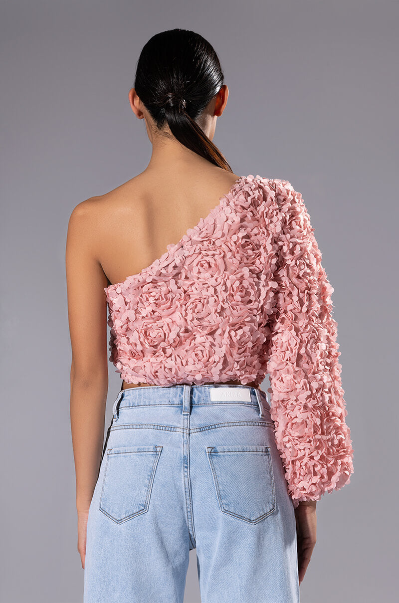 LUCIA FLORAL APPLIQUE ONE SHOULDER CROP BLOUSE