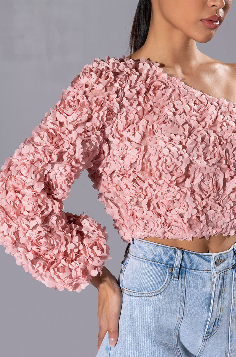 LUCIA FLORAL APPLIQUE ONE SHOULDER CROP BLOUSE