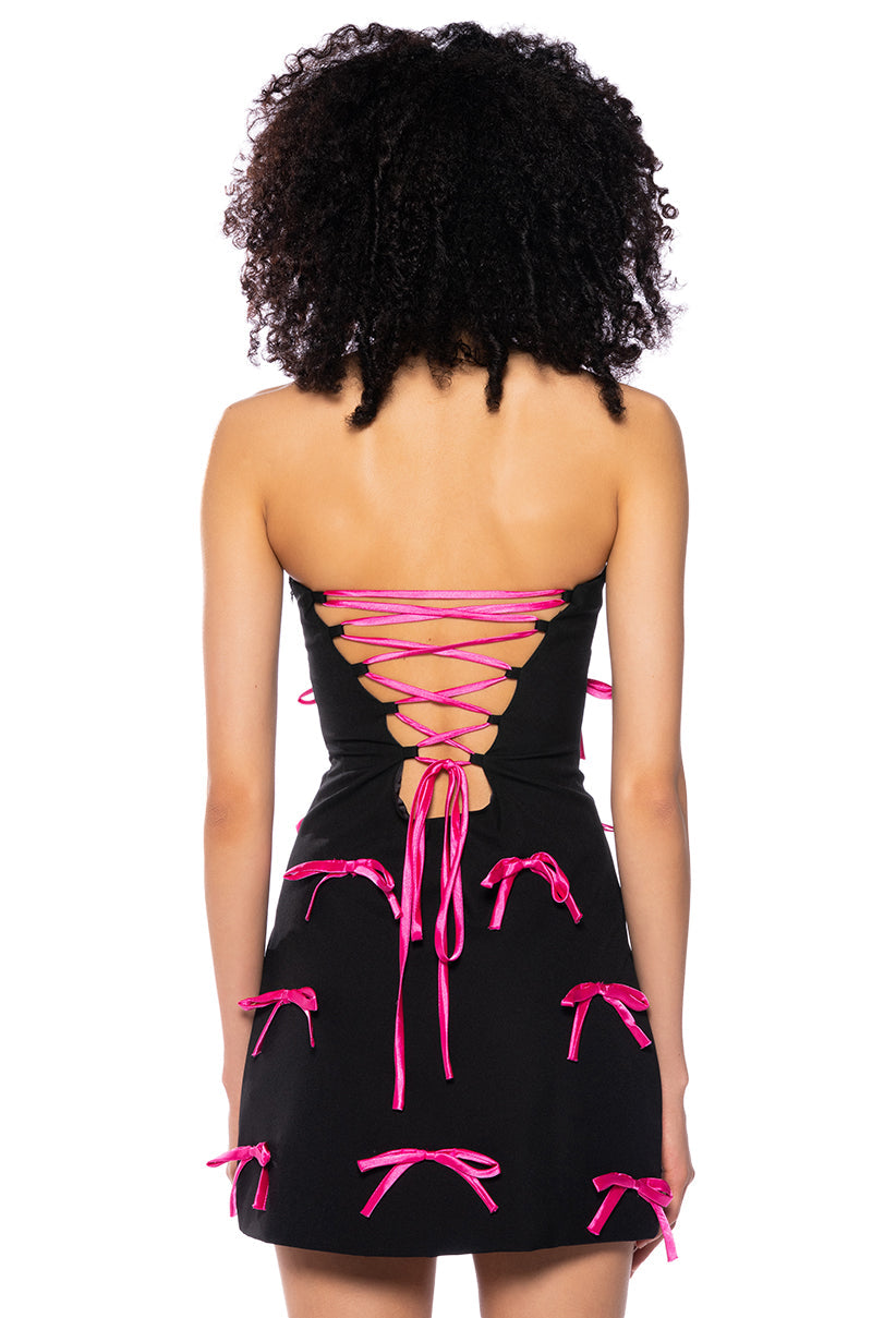 LUCY ALL OVER BOWS STRAPLESS MINI DRESS