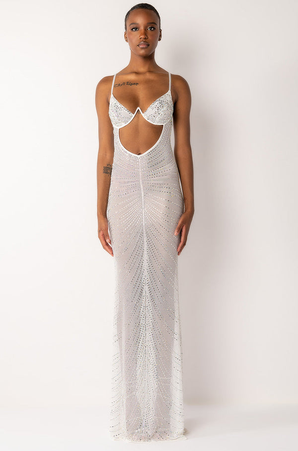 LUXX IS ALL I KNOW RHINESTONE MESH MAXI DRESS