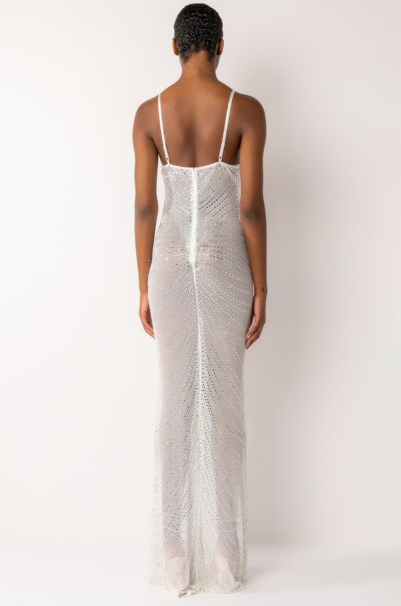 LUXX IS ALL I KNOW RHINESTONE MESH MAXI DRESS