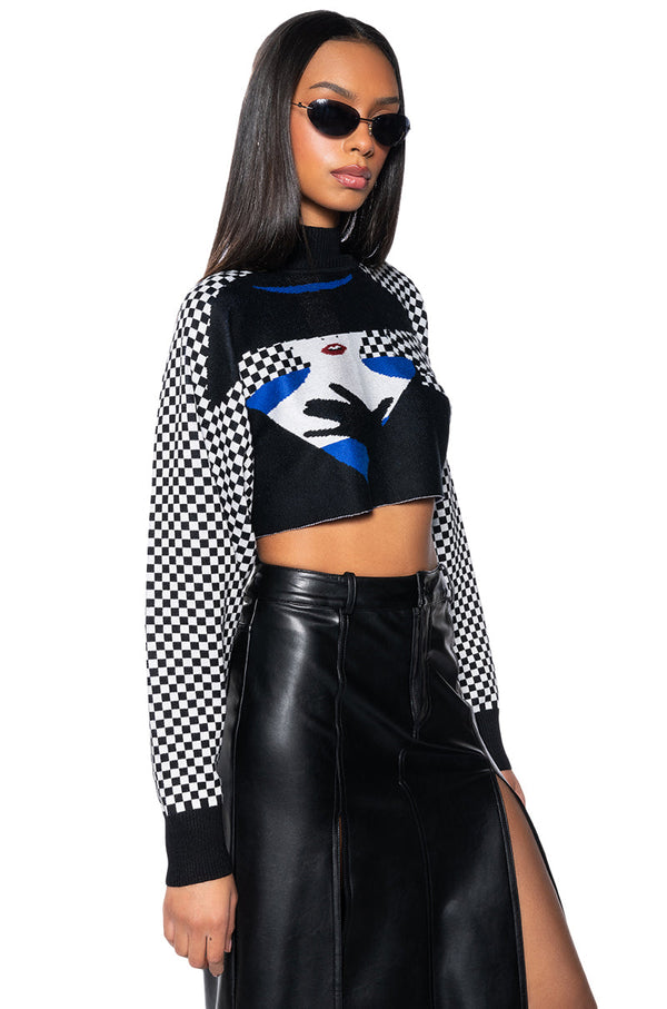 MADEMOISELLE NOIR MOCK NECK CHECKERED KNIT SWEATER