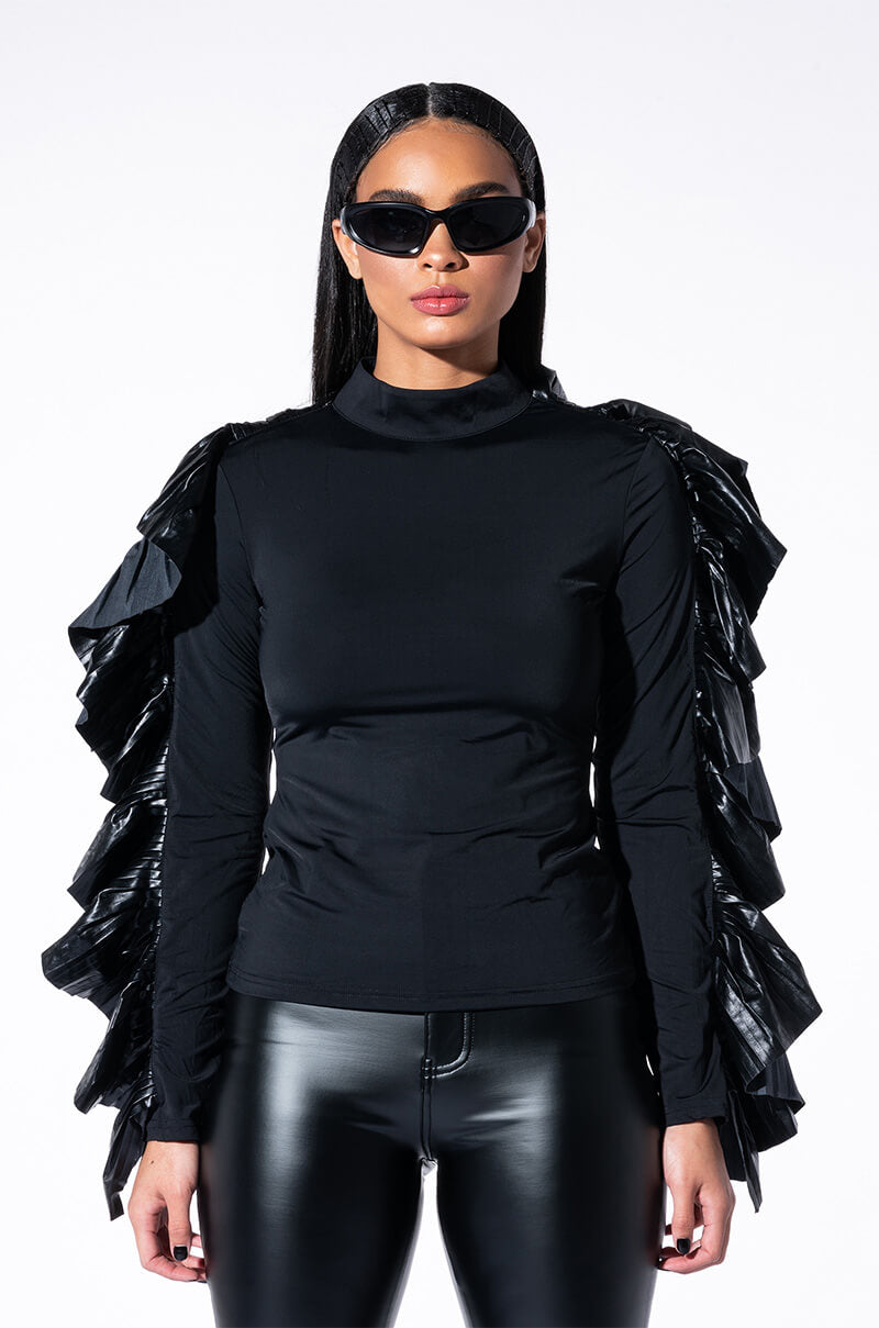 MAKE A FUSS SLEEVE DETAIL MOCK NECK CROP TOP