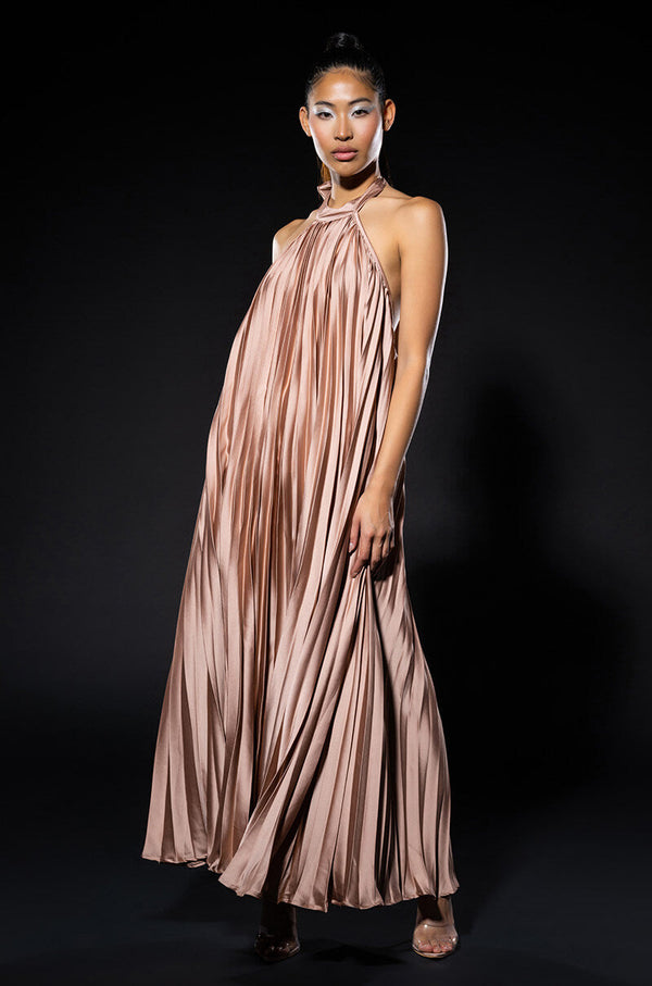 MARY KATE PLEATED HALTER MAXI DRESS
