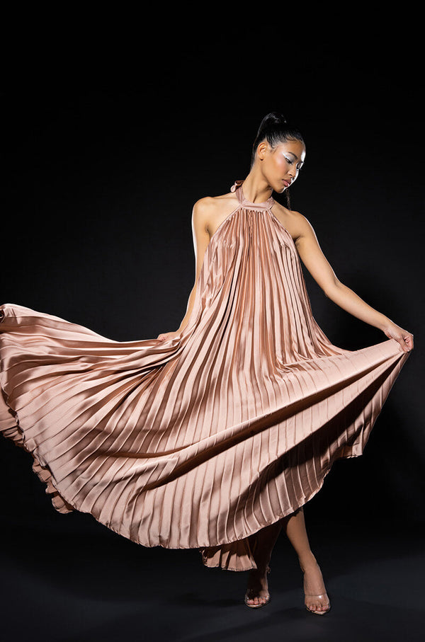 MARY KATE PLEATED HALTER MAXI DRESS