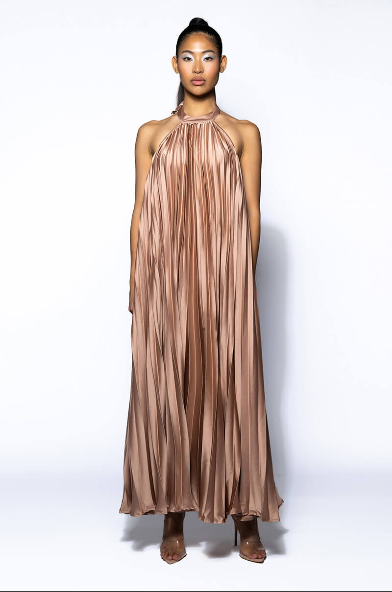 MARY KATE PLEATED HALTER MAXI DRESS