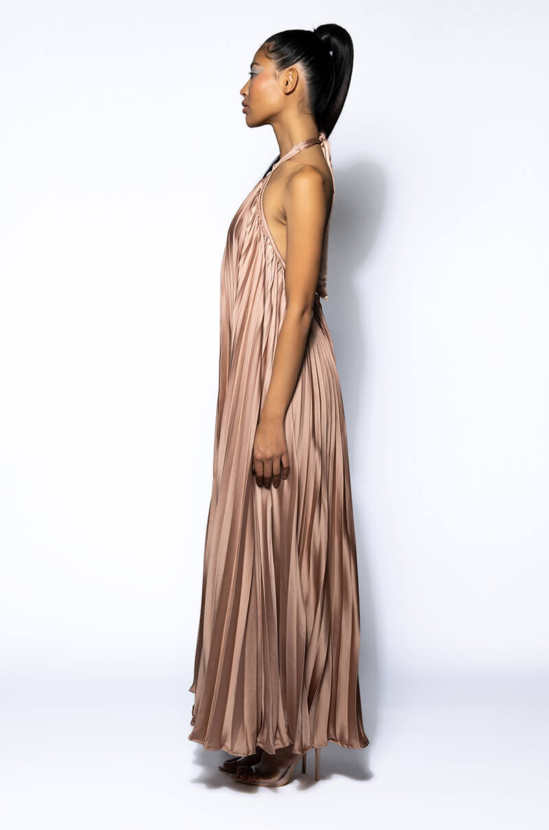 MARY KATE PLEATED HALTER MAXI DRESS