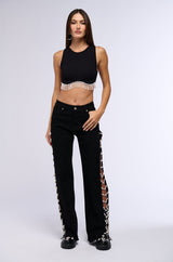 MAKE YOU BELIEVE IT RHINESTONE FRINGE TANK IN BLACK