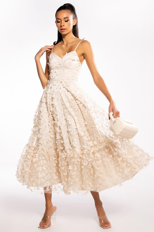 MARIPOSA SLEEVELESS APPLIQUE MIDI DRESS
