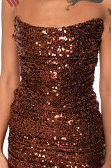 MAYA SEQUIN STRAPLESS MINI DRESS IN BROWN