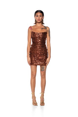 MAYA SEQUIN STRAPLESS MINI DRESS IN BROWN