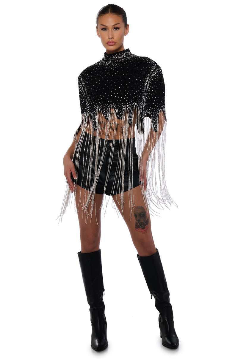 MEET IN THE LIGHT RHINESTONE FRINGE CROPPED CAPE