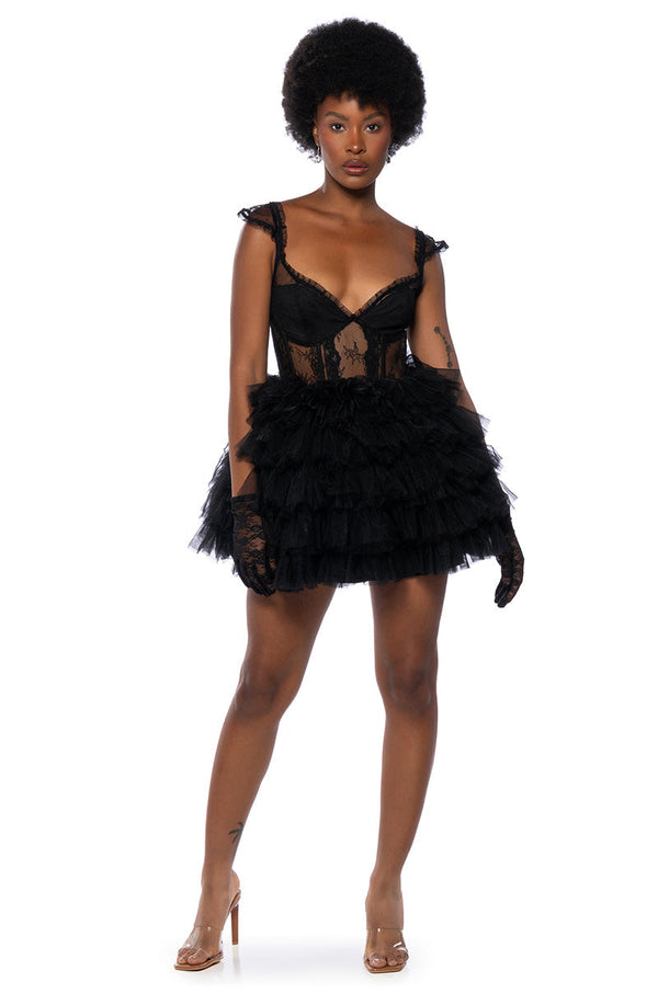 MERCEDES TULLE CAP SLEEVE MINI DRESS