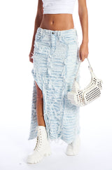 MESS WITH ME SUPER DISTRESSED MAXI DENIM SKIRT