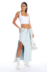 MESS WITH ME SUPER DISTRESSED MAXI DENIM SKIRT
