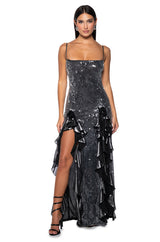 METALLIC DREAMS SEQUIN RUFFLE MAXI DRESS