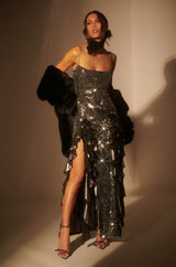 METALLIC DREAMS SEQUIN RUFFLE MAXI DRESS