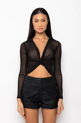 METRO TWIST FRONT LONG SLEEVE MESH BLOUSE