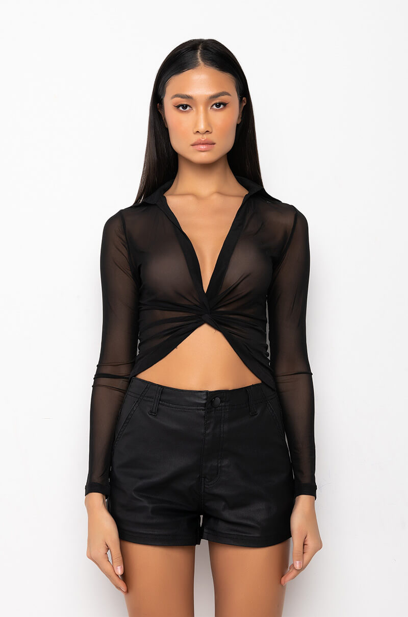 METRO TWIST FRONT LONG SLEEVE MESH BLOUSE