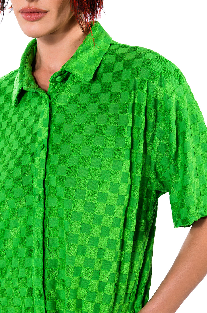 MICHELLE TERRY CHECKER TEXTURED BUTTON POLO SHIRT