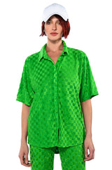 MICHELLE TERRY CHECKER TEXTURED BUTTON POLO SHIRT