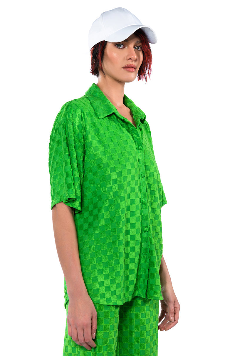 MICHELLE TERRY CHECKER TEXTURED BUTTON POLO SHIRT