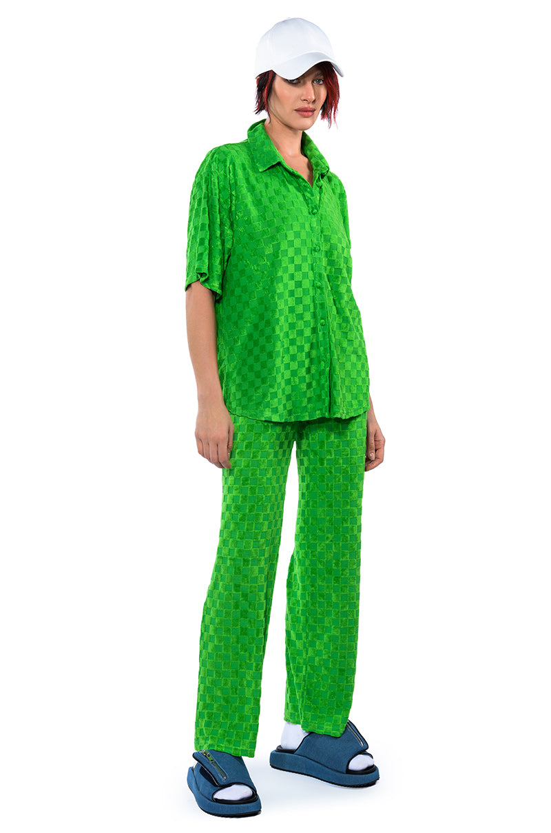 MICHELLE TERRY CHECKER TEXTURED BUTTON POLO SHIRT