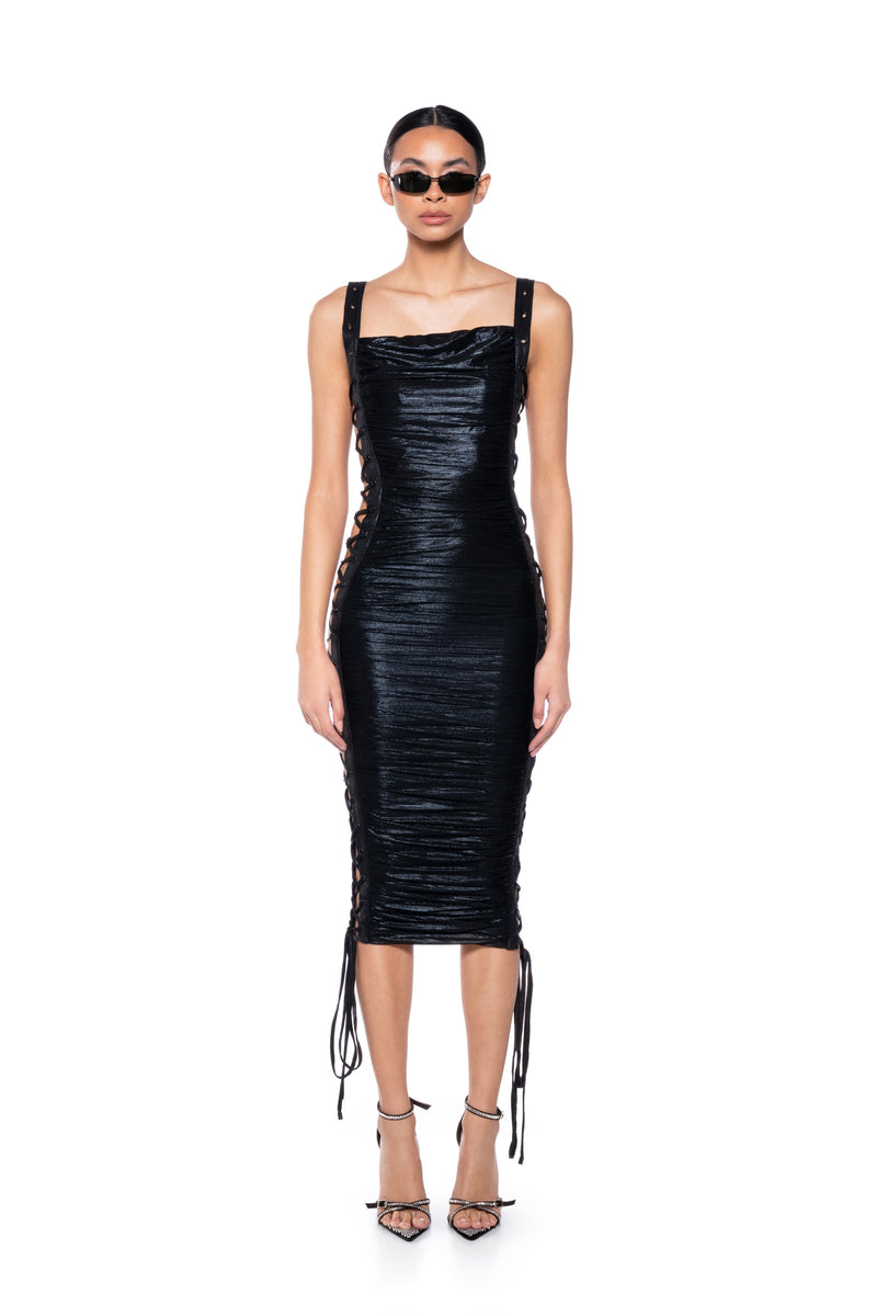 EYES ON ME LACE UP MIDI DRESS