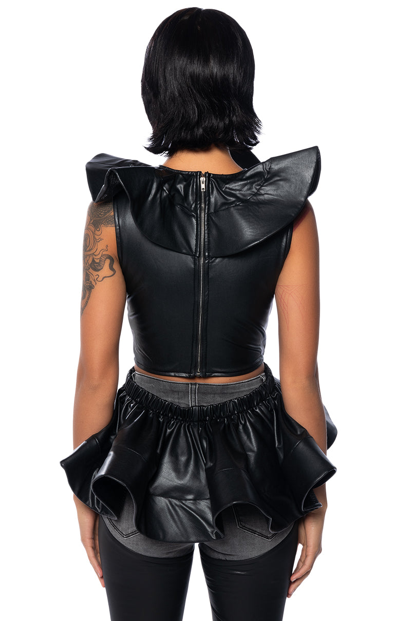 MISS FASHIONISTA FAUX LEATHER SLEEVELESS BLOUSE