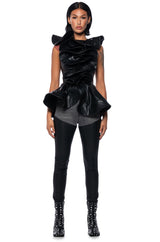 MISS FASHIONISTA FAUX LEATHER SLEEVELESS BLOUSE