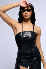 MISS KELLY FAUX LEATHER HALTER NECK CORSET TOP