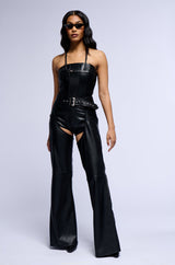MISS KELLY FAUX LEATHER HALTER NECK CORSET TOP