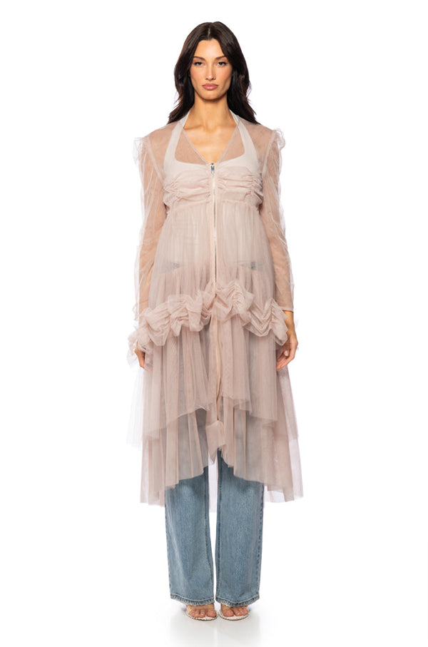 DYNEOVOR MESH RUFFLE MAXI DUSTER