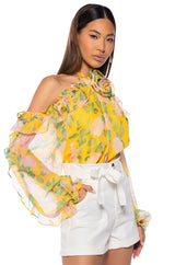 MISTY FLORAL PRINT COLD SHOULDER CHIFFON BLOUSE