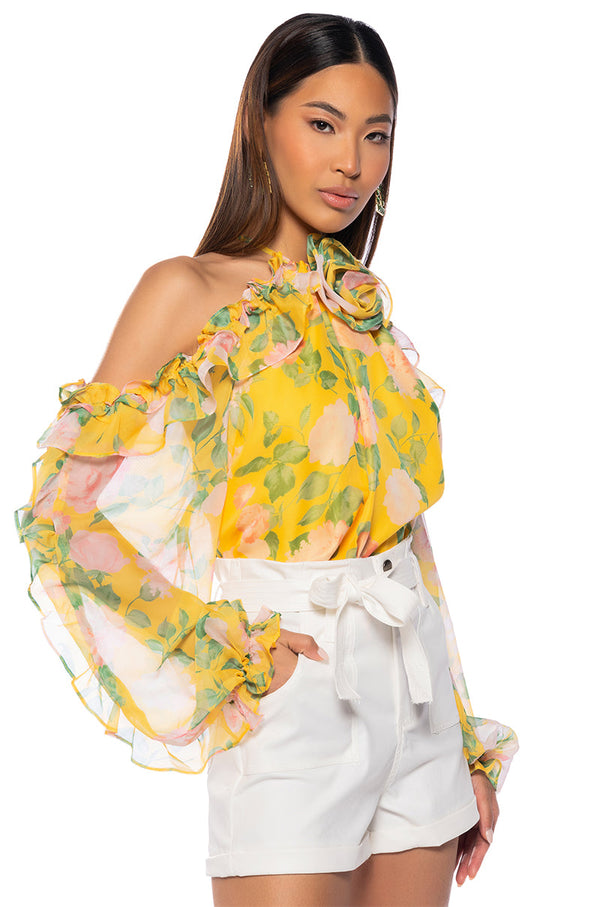 MISTY FLORAL PRINT COLD SHOULDER CHIFFON BLOUSE