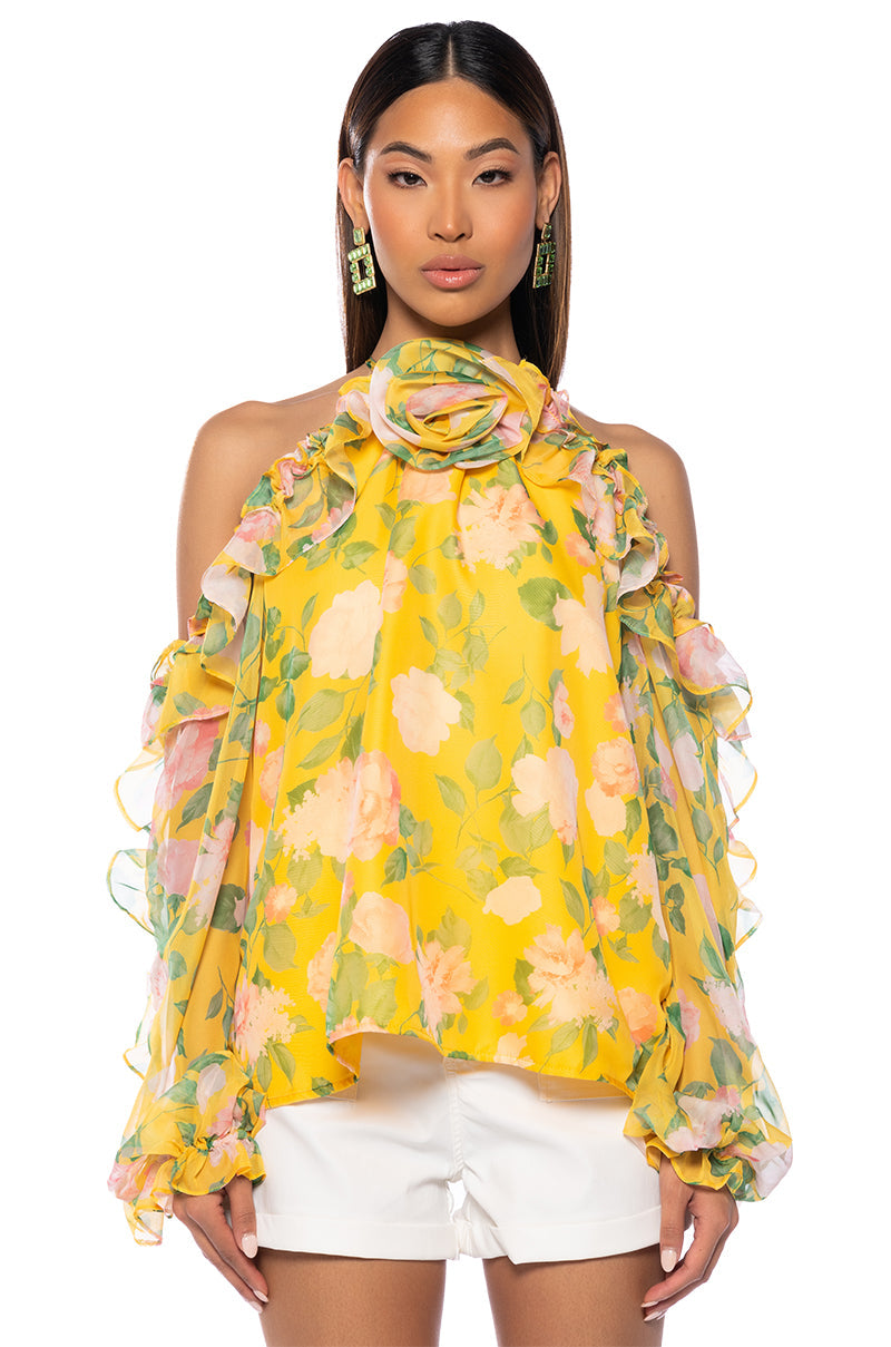 MISTY FLORAL PRINT COLD SHOULDER CHIFFON BLOUSE
