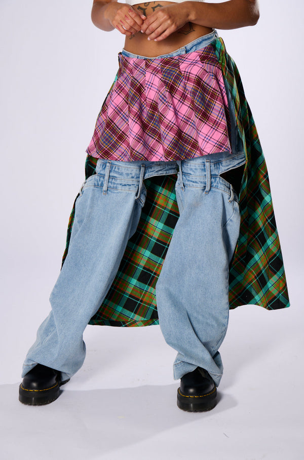 MIXED PRINTS PLAID BELT SKIRT