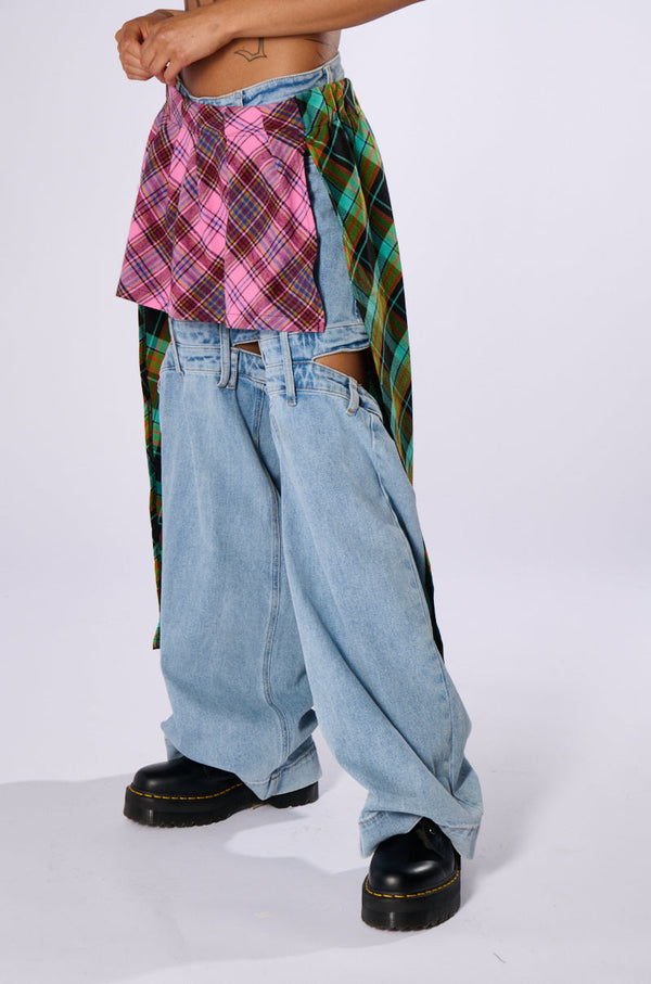 MIXED PRINTS PLAID BELT SKIRT