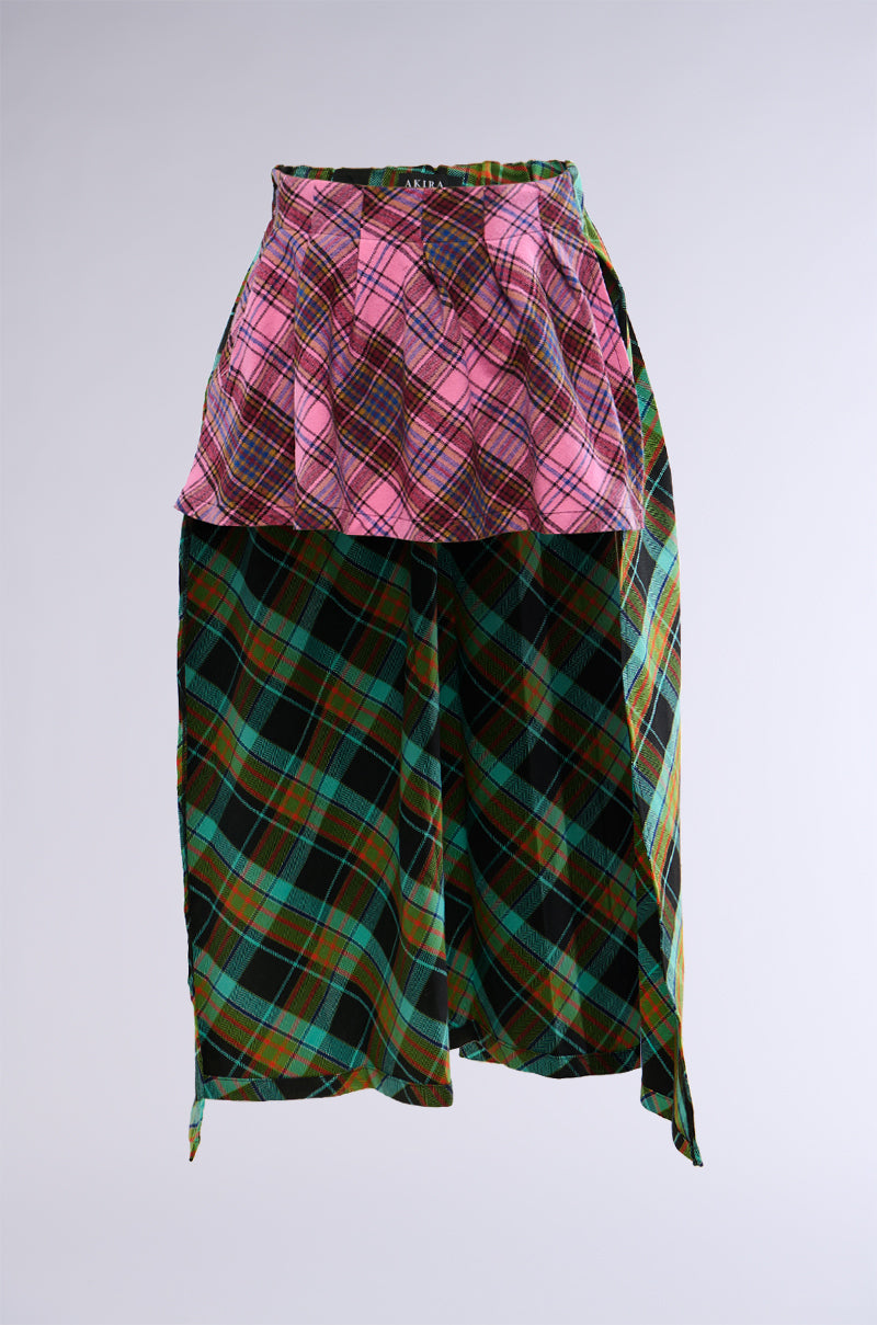 MIXED PRINTS PLAID BELT SKIRT