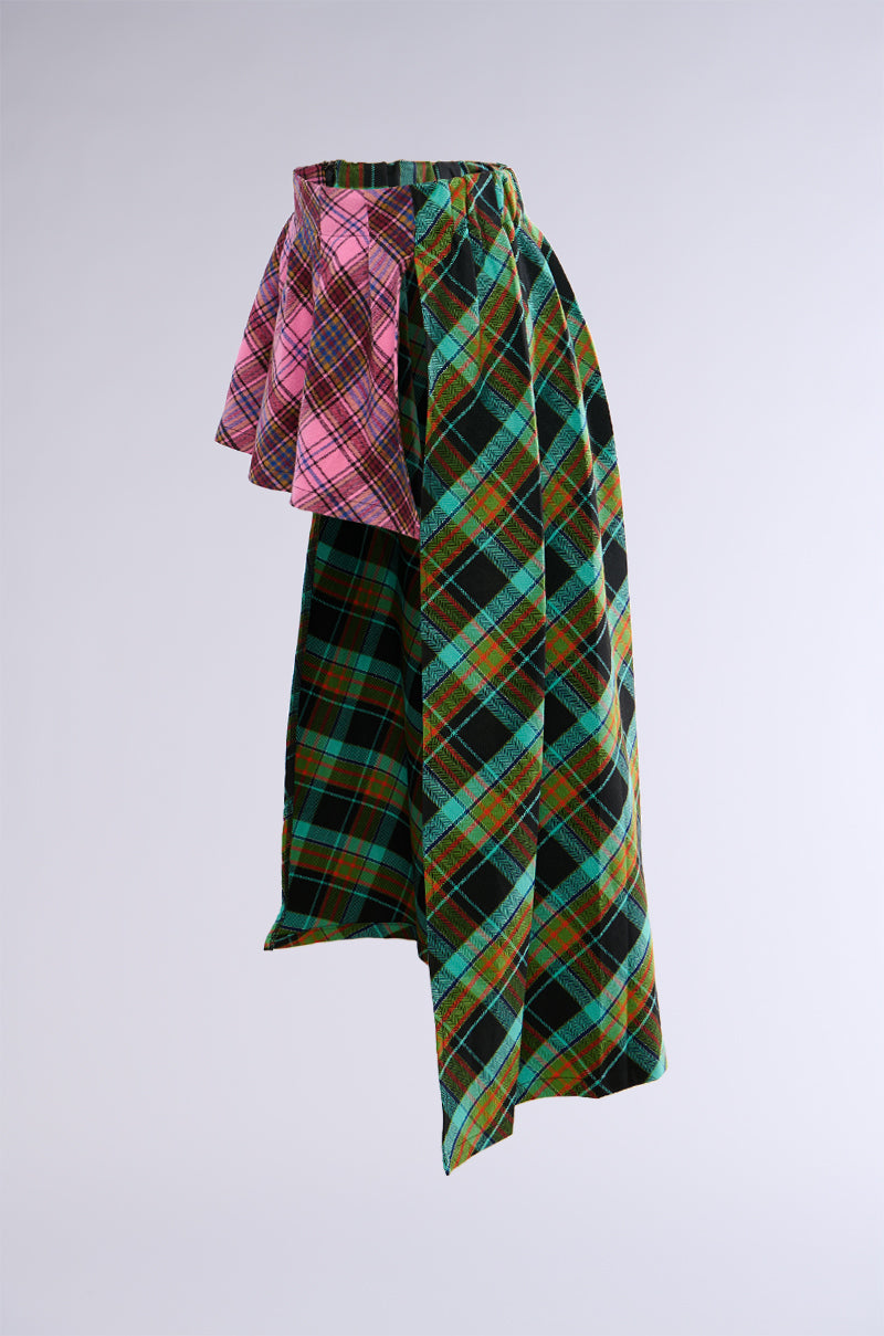 MIXED PRINTS PLAID BELT SKIRT