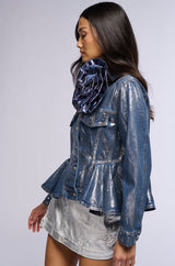 MONIQUE FLOWER DETAIL METALLIC DENIM JACKET