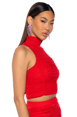 MORA MOCK NECK MESH TOP IN RED