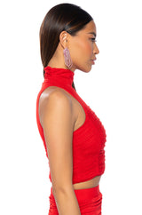 MORA MOCK NECK MESH TOP IN RED