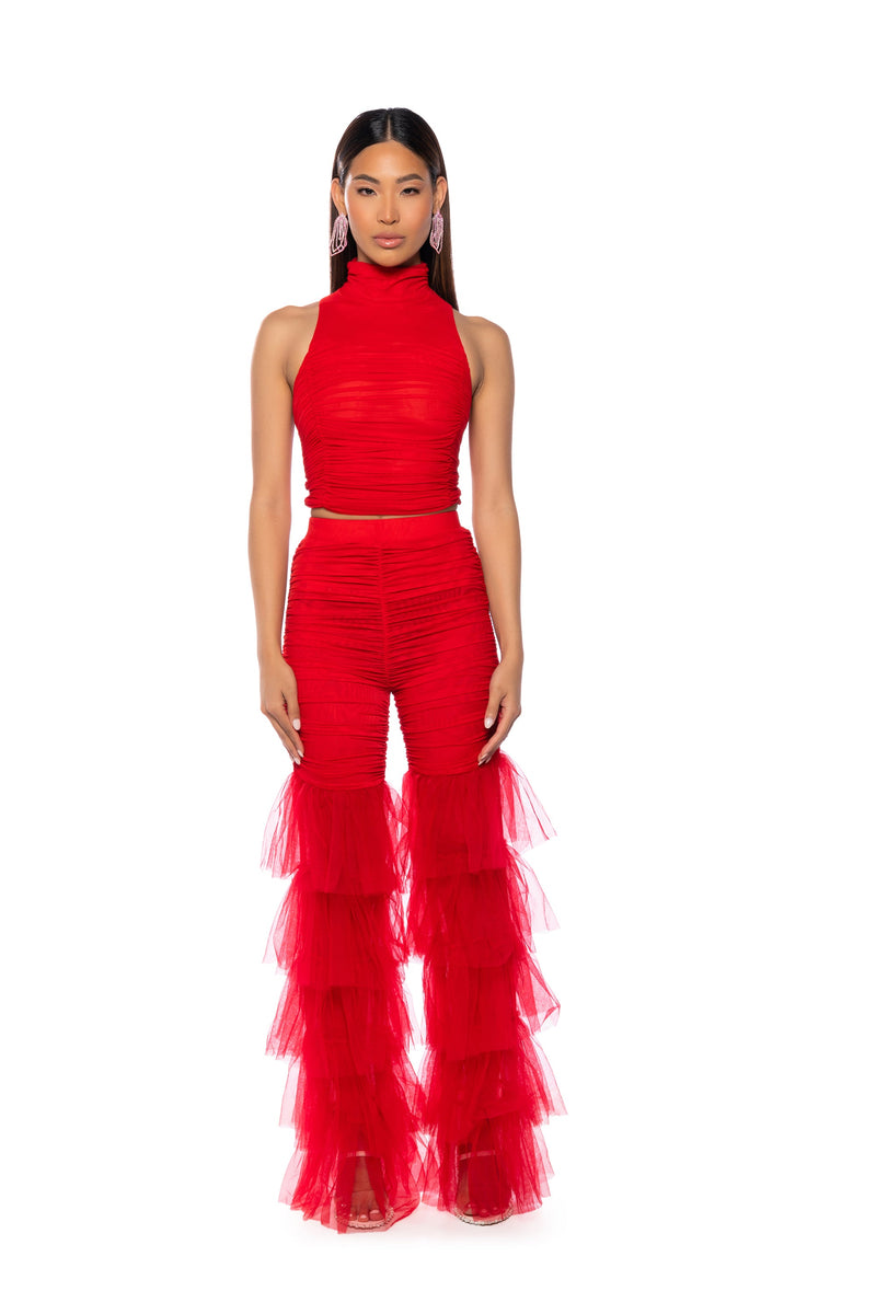MORA MOCK NECK MESH TOP IN RED