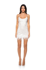 MOVE ALL NIGHT SEQUIN FEATHER TRIM MINI DRESS