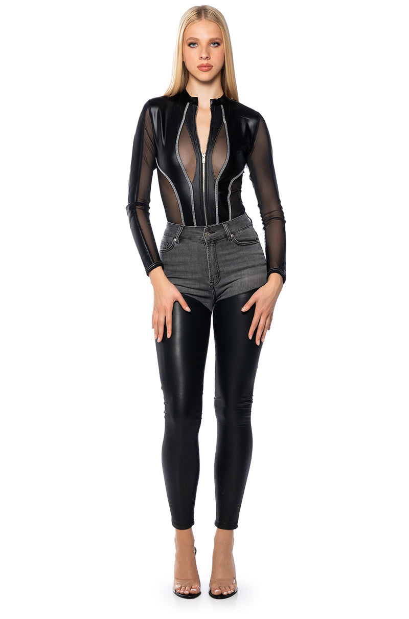 MOVE THROUGH FAUX LEATHER BODYSUIT