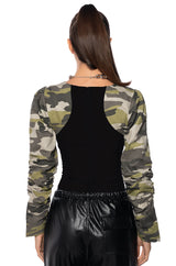 MOVING DISCREETLY CAMO STRETCH KNIT BODYSUIT