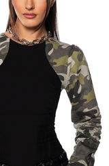 MOVING DISCREETLY CAMO STRETCH KNIT BODYSUIT