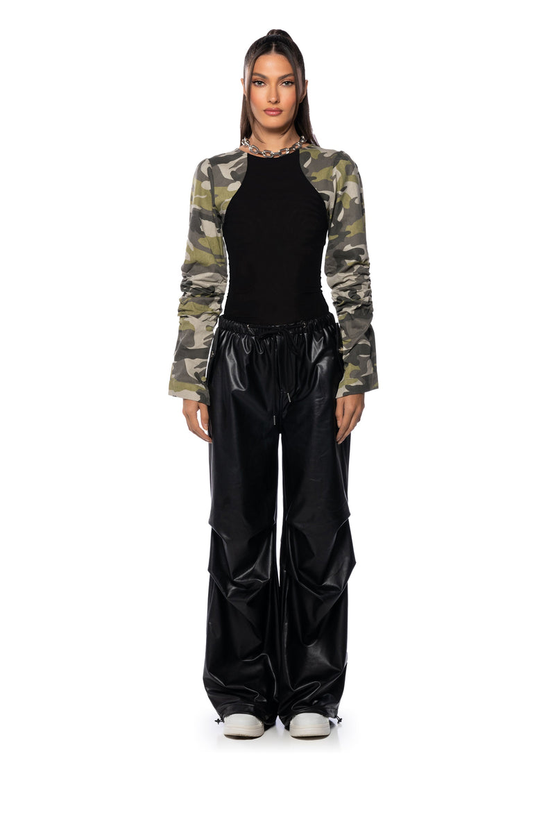 MOVING DISCREETLY CAMO STRETCH KNIT BODYSUIT