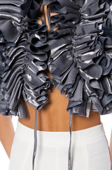 MUST BE DREAMING DENIM RUFFLE CROP BLOUSE